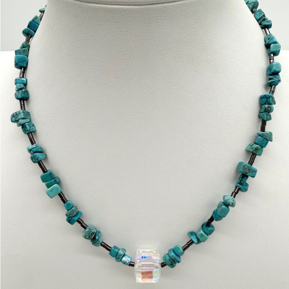 Turquoise Chip Necklace AB Crystal Cube Pendant Hematite Beads Boho Vintage